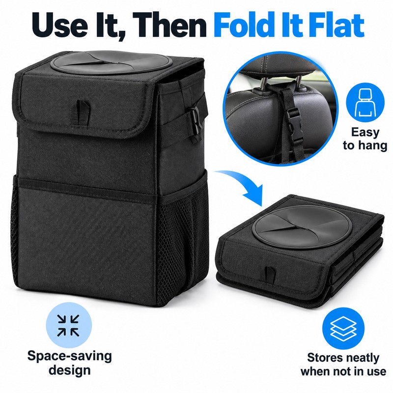 Collapsible Car Trash Can with Lid, Leak-Resistant Oxford Cloth Garbage