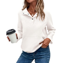 KIRUNDO Womens Sweatshirt Casual Textured Long Sleeve Henley Button V Neck Loose Pullover 2025 Trendy Fall Outfits Tops(White, Medium)