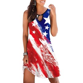 Women's July 4th A-line Keyhole Neck Memorial Day Sleeveless Patriotic Dress Fourth of July USA Flag Independence Day Crew Neck Stars and Stripes Mini Tank Dress Colourful Flag M