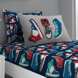 GC GAVENO CAVAILIA Kids Polycotton Sports Bedding Set | Super Soft Shoes Pattern Fitted Sheet With Pillowcase | Gift For Boys & Girls Sports Fitted Bed Sheet | Multi