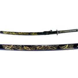 Makoto Hand Forged Razor Sharp 41" Black Samurai Katana Sword - Hand Painted High Gloss Black Scabbard (Leaf)