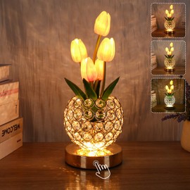 Birthday Gift for Women/Mom Tulip Crystal Flower Lamps,3 Color Bedside Lamps Infinitely Dimming with USB Charge Small Night Light ,Nightstand Lamp Table Lamp for Bedroom Living Room Home Decoration