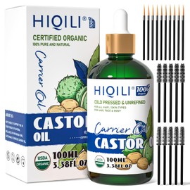 HIQILI Organic Castor Oil – 100% Pure & Cold-Pressed | USDA Certified, Unrefined & Hexane-Free | Premium Grade Oil for Face, Hair Growth & Eyelashes | 3.38 fl oz Glass Bottle