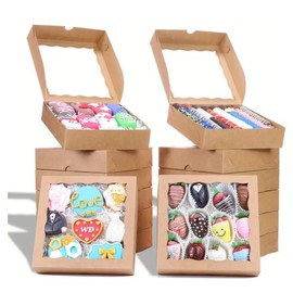TEMLQPACK 50pcs 8x8x2 Inches Brown Bakery Boxes with Window Cookies Boxes Chocolate Covered Strawberries Boxes Pretzel Boxes Cakesicle Browines Boxes for Christmas