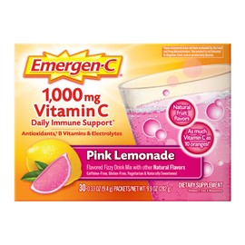 Emergen-C 1000mg Vitamin C Immune Support Powder Pink Lemonade 30CT includes Zinc, Manganese, 7 B Vitamins and Electrolytes for Back to School Essentials