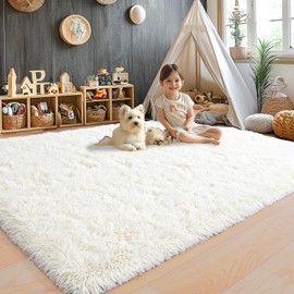 8x10 Area Rugs for Living Room, Ultra Soft Fluffy Large Shaggy Rug Carpet for Bedroom, Non-Slip Fuzzy Plush Rugs for Nursery Boys Girls Kids Room Modern Indoor Home Decor, Cream White