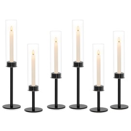 Black Hurricane Candle Holders Set of 6, Tall Metal & Windproof Glass Taper Candle Holders, Outdoor/Indoor Table Centerpieces for Weddings, Christmas, Parties, Fireplace Decor