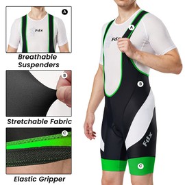 FDX Cycling Bib Shorts Men’s - 3D Padded Bicycle Tights with Mesh Straps, Zip Pocket, Anti-Chafe Leg Grippers - Breathable Summer Cycle Apparel - Excellent Performance and Better Fit (Blk/Green-L)