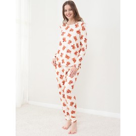 EASWEET Bamboo Viscose Jogger Pajama Set for Women Long Sleeve Super Soft Sleep Set Comfy Pjs Sets,Teddy Bear,Small