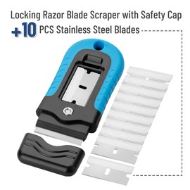 Bates- Razor Blade Scraper, Blue, Locking Razor Scraper Set with 10 Extra Stainless Steel Blades, Window Scraper, Scraper Tool, Glass Scraper, Scraper Blades, Paint Scraper Blade Scraper for Cleaning