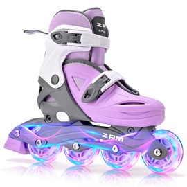 2PM SPORTS Girls Adjustable Illuminating Inline Skates with Light up Wheels, Fun Flashing Beginner Roller Skates for Kids - Purple Medium