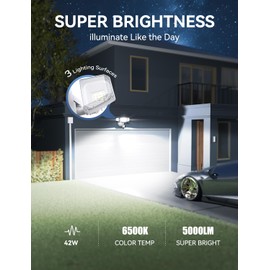 Olafus 42W Motion Sensor Outdoor Light Plug in, Motion Flood Light Dusk to Dawn, 5000LM LED Security Light IP65 Waterproof, Motion Activated 6500K PIR Sensor Lighting for Garage Yard Patio Eave, White