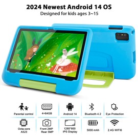 Kids Tablet - 10 Inch Android 14 Kids Tablet, Octa-Core 4+64GB Expandable, IPS HD 1280x800 Toddler Tablet，WiFi 6, Dual Camera, GMS, Parental Control Mode, Kids Content & Eye Protection (Blue EVA Case)