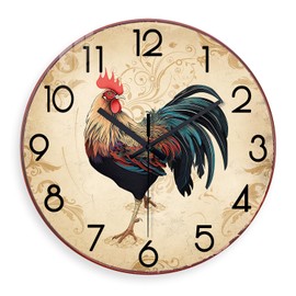 XNM Round Rustic Wall Clocks for Kitchen Living Room Decor 12 Inch Glass Rooster Clock Battery Operated Brown Silent Wall Clock Non Ticking