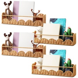 Pinkunn 4 Pcs Scalloped Rattan Wall Shelves Boho Floating Rattan Scalloped Book Shelf Decorative Wall Mounted Bookshelf for Kids Nursery, 15.75 x 3.94 Inch