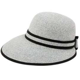 Straw Packable Sun Hat with Black Sash- Wide Front Brim and Smaller Back (Blue)