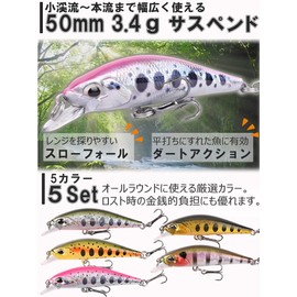 Contyu Mountain Stream Lures Trout Minnow Set of 5 Slow Sinking Suspend 50mm 3.4g 5 Colors Dirt Type (Color A, 5)