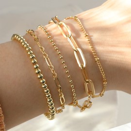 DEARMAY 14K Real Gold Bracelets for Women Gold Jewelry Set for Women Beaded Bracelets for Women Dainty Paperclip Chain Bracelet Pack Gifts for Women
