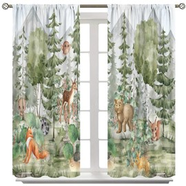 Kids Forest Animal Curtains,Fox Elk Bird Animal Watercolor Woodland Print Curtains Kids Nursery Bedroom Living Room Home Decoration 42x45 Inch