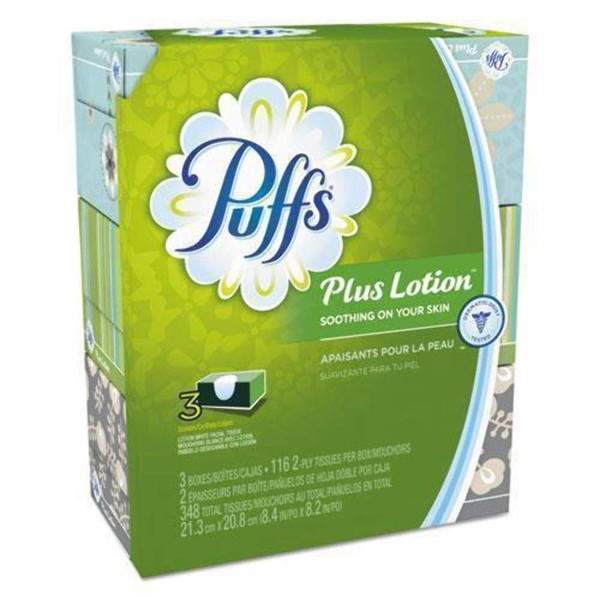 Puffs Puffs plus lotion facial tissues, 3 family boxes, 116 tissues per box, 348 Count