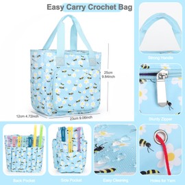 Reessy Knitting Bag, Lightweight Crochet Bag Empty, Portable Crochet Tote Bag with Pockets and Compartments for Yarn Storage and Crochet Storage