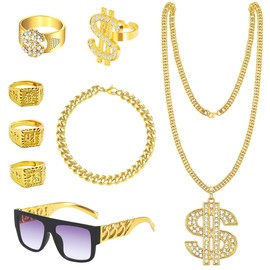 Hlayshing 8 Pcs Hip Hop Costume Accessories,80s 90s Hip Hop Costume Kit for Men Women,Fake Gold Chain Bracelet, Fake Dollar Sign Necklace, Hip Hop Ring, Hippie Glasses for Hippie Rapper Disco Outfit