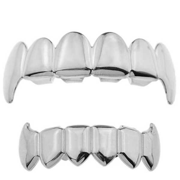 Best Grillz Full Fangs Set Silver Tone Plain Top and
