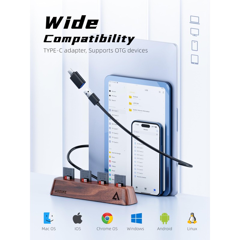 AODUKE 8-Port USB 3.0 SD Card Reader, Walnut Wood Design