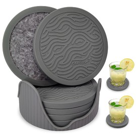 Silicone Coasters 6 Pack Coasters with Deep Tray Holder - 2 Sided Drinking Coasters - Cup Mat for Drinks - Live for Hot or Cold Drink Thickened, Non-Slip, Non-stick, Silicone and Felt Insert Absorbent