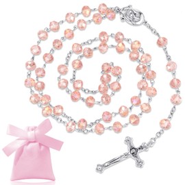 Pink Rosary Beads Necklace Catholic Metal Crucifix Charm Necklace Long Holy Prayer Beads Necklace with Medal Cross Crucifix Charm and Velvet Drawstring Bag for Women Men