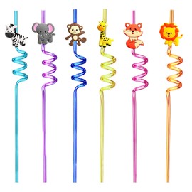 24pcs (6 Styles) Drinking Plastic Straws Reusable Forest Animal Design Reusable Straws with 2 Brushes for Kids Birthday Pool Underwater Party Decorations Gift (Forest Animals design 24pcs)
