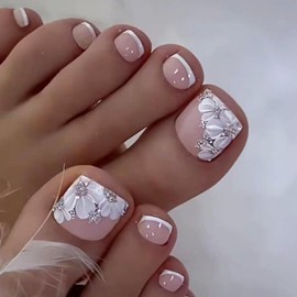 Square Fake Toenails Glossy Glitter French Tip Press on Toenails White Nail Tip Short Acrylic False Toes Nails with Flower Designs Pink Artificial Full Cover Spring Summer Toenail for Women Girls