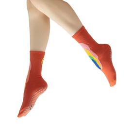 Yoga Pilates Socks with Grips for Women Non Slip Solid Graffiti Cushioned Crew Socks for Barre Ballet Dance (Orange)