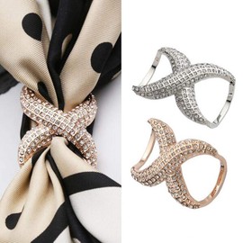 2PCS Rhinestone Inlayed Scarf Ring Buckle Clip Womens Elegant Silk Clasp Buckle Clamp Neckerchief Shawl Ring Wrap Jewelry Accessories for Silk Scarf T-Shirt (Silver + Gold)