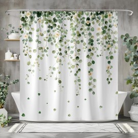 Dazzlewall Shower Curtain Green Leaves Eucalyptus 180 x 180 cm, Beige Flowers Waterproof Shower Curtains, Bathroom Curtain, Anti-Mould, Washable Polyester Textile for Bathtubs with 12 Hooks