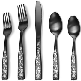 IFERRENS - Juego de cubiertos de 20 piezas negro mate para 4, juego de cultivo de rosas de calavera de acero inoxidable con acabado de manchas 18/0, juego de cubiertos decorativos con patrón de