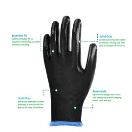 Kavish 12 Pack Black PU Coated Work Gloves Seamless Knit Glove With Polyurethane Coat Smooth Grip on Palm Fingers For Men And Women Ideal For General Saftey Work Large Size