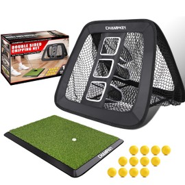 CHAMPKEY Double -Sided Golf Chipping Net with Mat and 12 Foam Balls - Professional Golf Practice Net Ideal for Indoor and Outdoor Training