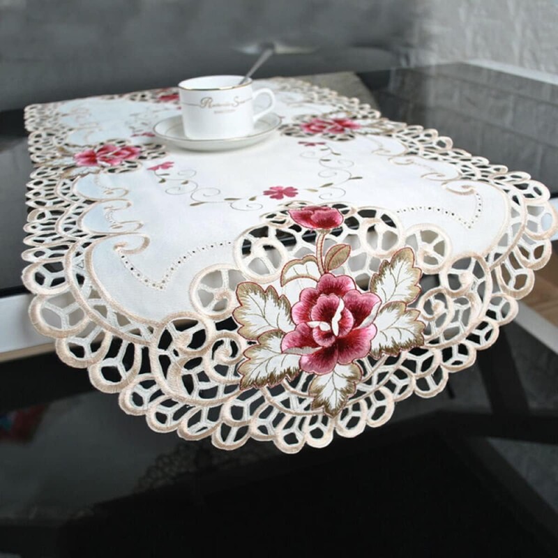 Sobeta Embroidered Table Cover,White Oval Lace Tablecloth Doily Embroidered Floral