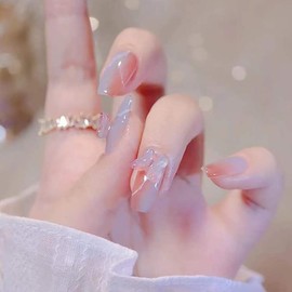 24PCS Sweet Girls Nail Tips Marble Nails Butterfly Decoration Fake Nails for Photo Taking Pictures Wedding Coming Of Coming Of Party After-Party False Nail