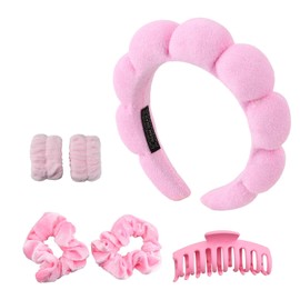 6 Piezas Diademas para Cabello Mujer y Spa, Diadema de Maquillaje Skincare con Muñequeras Absorbentes, Suave Antideslizante para Lavado Facial, Desmaquillaje y Ducha, Color Rosa