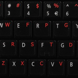COLEMAK Keyboard Decals ON Transparent Background with Blue, Orange, RED, White OR Yellow Lettering (14X14) (Red)