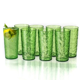 MIYOPESI 18oz Acrylic Glasses Drinkware (Set of 8), Ice-carving Unbreakable Plastic Cups, Reusable Plastic Drinking Glasses, Stackable, BPA-Free, Dishwasher-Safe (Green)