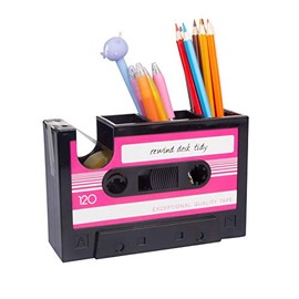 Creative Tape Pen Holder, Retro Cassette Tape Dispenser, Stationery Desk Tidy Container, Office Stationery Storage Container (Pink)