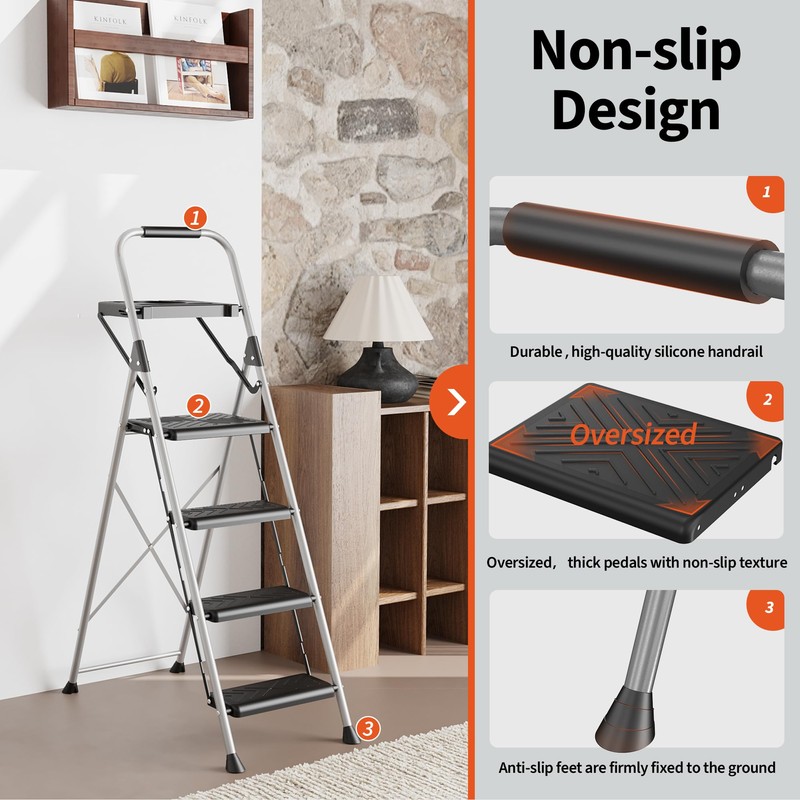 4 Step Ladder, DIAMONDFORGE Folding Step Stool with Tool Platform,