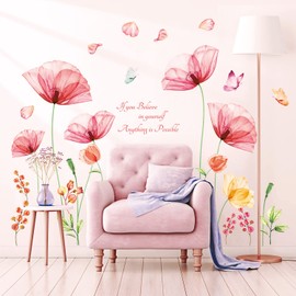 DECOWALL SG-2206 Pink Flowers Quotes Wall Stickers Poppy Floral Butterfly Decals Removable for Inspirational Bedroom Living Room Kitchen Bathroom Art Home Decor