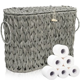 Pumtus Toilet Paper Storage Basket, Handwoven Toilet Paper Holder with Lid & Handle, Large Decorative Container for up to 6 Mega Rolls, Plastic Trash Bin Magazine Organizer for Bathroom, Office