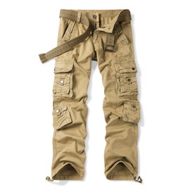 OCHENTA Men's Cotton Casual Cargo Work Pants Baggy Travel Hiking with Multi Pockets Khaki Tag 34