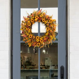 J'FLORU Artificial Fall Wreath 22 Inch Fall Wreaths for Front Door Autumn Wreath with Daisy and Lavender Berry Fall Leaves for Porch Farmhouse Thanksgiving Day Harvest Festival