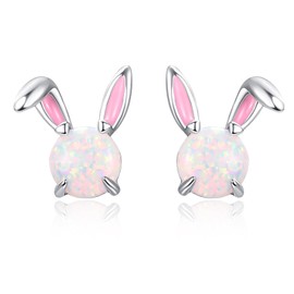 TANGPOET 925 Sterling Silver Bunny Earrings for Girls White Opal Stud Earrings for Women Cute Easter Earrings Rabbit Jewellery Gifts for Bunny Lovers Kids